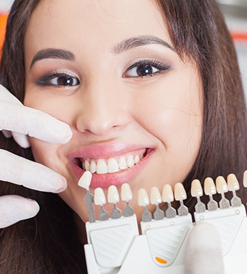 Woman's smile compared with tooth color chart