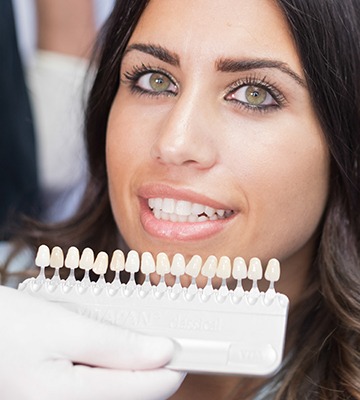 Woman's smile compared with tooth color chart