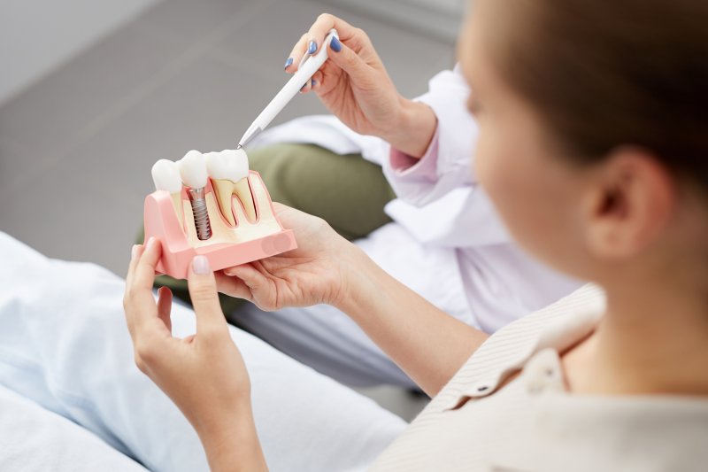 A dentist showing a dental implant model to their patient